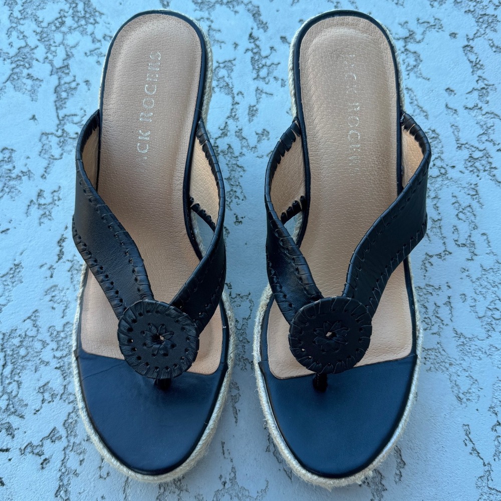 Jack Rogers Women's Black Leather Espadrille Wedge Sandals Flip Flops Size 9.5M - Picture 2 of 8